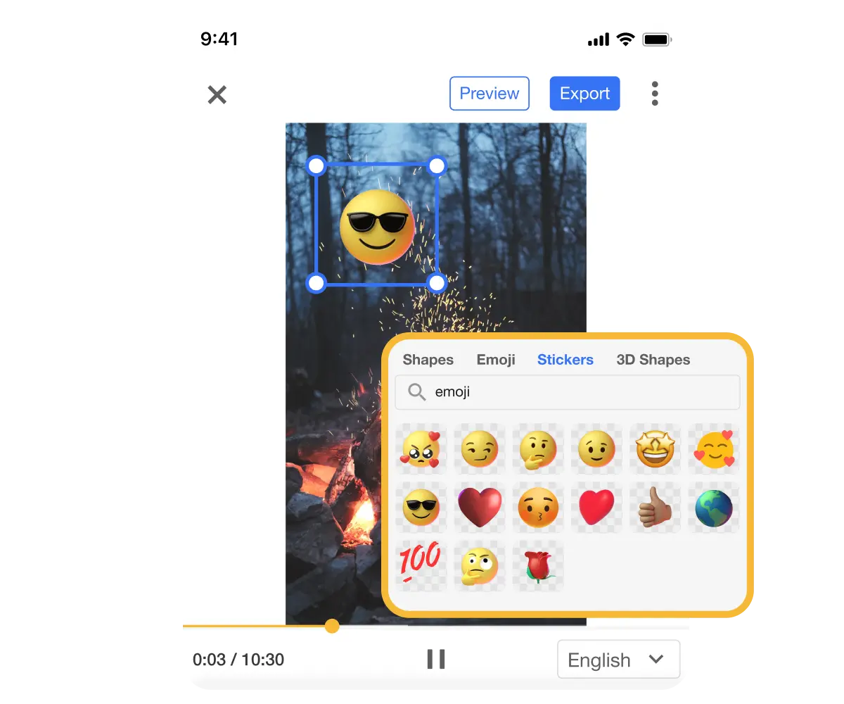 Mobile video editing app that lets you add stickers, emojis, and 3D shapes to make videos more engaging.